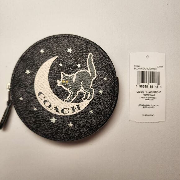 NWT Coach CX348 Coin Case In Signature Canvas With Halloween Graphic Cat Moon - Picture 1 of 5